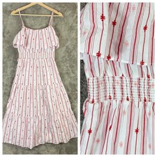 NWT LOFT Striped Ruffle Strappy Tiered Smocked Midi Dress White Red Pink XS