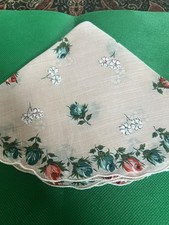 Vintage Round Blue Pink Roses Floral Hankie VGC