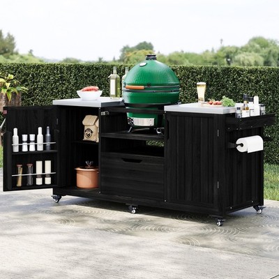 K&K 66.5'' Outdoor Island - Solid Wood, Stainless (Fits Big Green Egg/Kamado Joe)