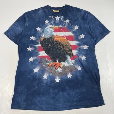 VINTAGE The Mountain Shirt Mens Large Blue Tie Dye Bald Eagle Lightning USA Flag