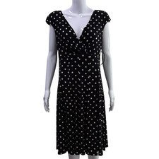 Ralph Lauren Womens Fit Flare Mini Dress Size 12 Polka Dot Black Stretch V-neck