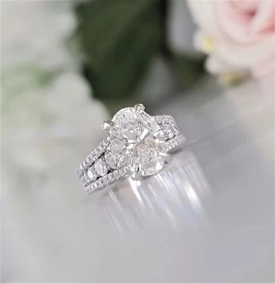 Oval Cut 4.50 TCW Lab Grown Diamond Cluster Ring For Bridal Lady 18k White Gold - Image 1 of 4
