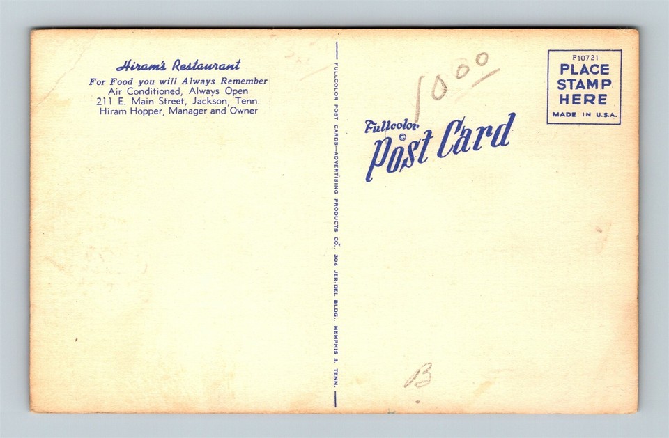 Postcard TN Jackson Tennessee Hiram's Restaurant Interior Lunch Counter