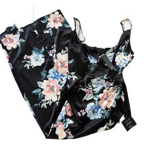 Lulu’s Black Floral Satin V Neck Slit Midi Slip Dress New Womens Large