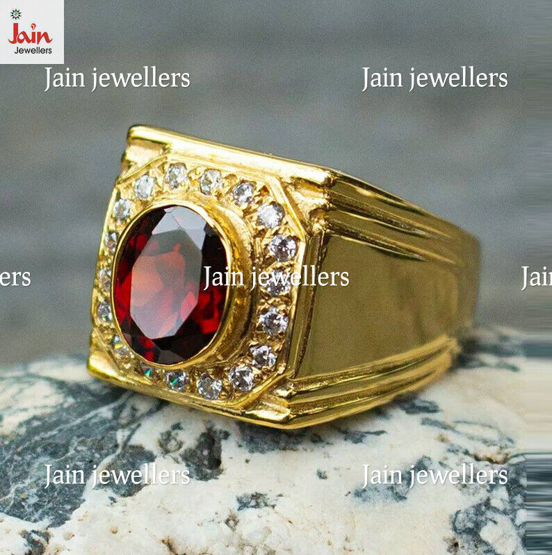 Anillo para hombre con piedras preciosas de granate y circonita cúbica en...