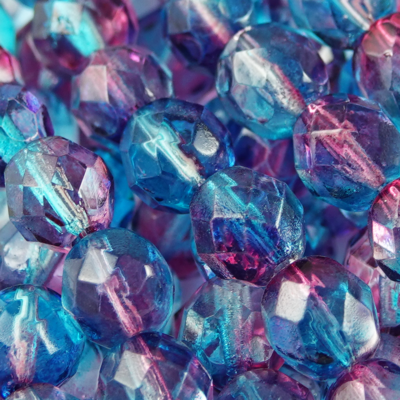 8mm Aqua Fuchsia Dual Coat Czech Firepolish Faceted Glass Beads (25) - Main Image