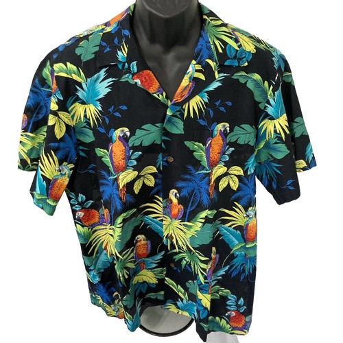 RJC Mens XL Hawaiian Tropical Camp Shirt Black Multicolor Parrot Rain Forest USA - Picture 2 of 7