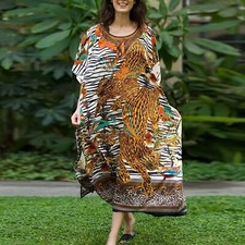 NEW Boho African Animal Jungle Vibes Cruise Vacation Batwing O'Neck Kaftan Dress