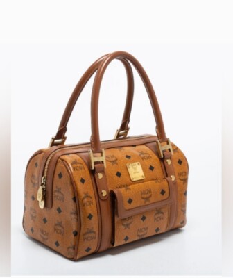 MCM Cognac Visetos Boston Bowling Satchel Hand Bag  With Dust Bag & COA