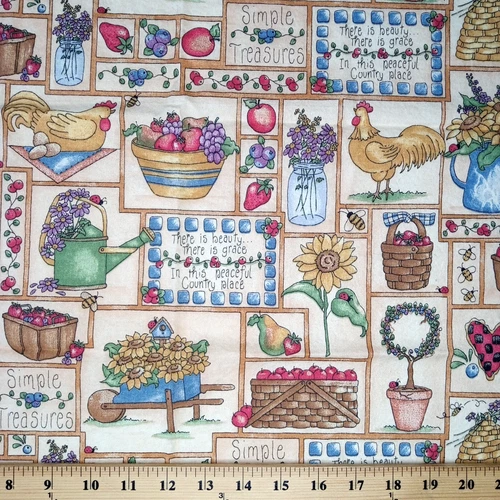 Vintage Fabric Dianna Marcum Country Chicken Quilt Patch Print Cotton 44x25 90s
