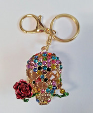 2 Inch Crystal Skull Head Rose Pendant Key Chain Purse Bag Handbag Keyring