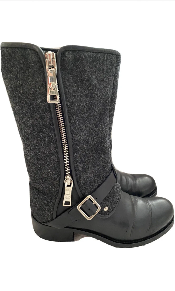 Bottes motard moto authentique Christian Dior laine noire/cuir cheville, EU36/US6