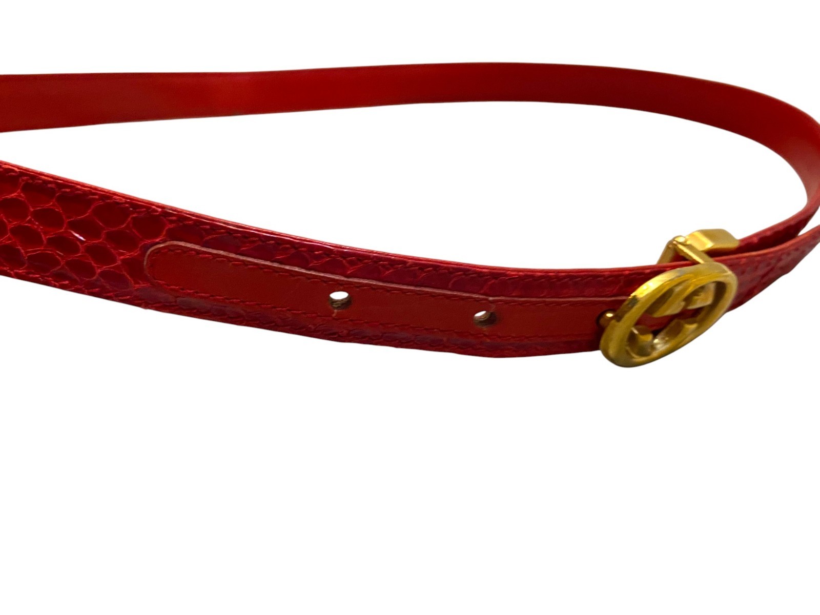 Vintage Gucci Red Snakeskin‑Embossed Belt GG Gold Solid Brass Buckle 85/34 RARE image 4