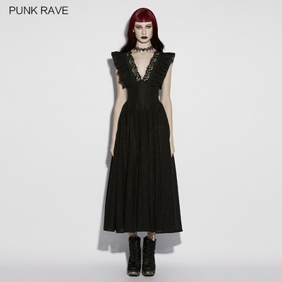 Punk Rave Women Black Gothic Romantic Sexy Deep V-Neck Flutter Sleeve Long Dress