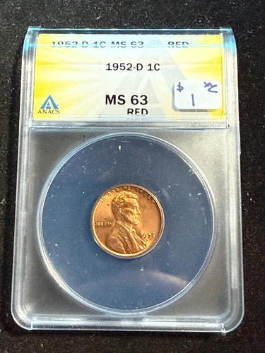 1952 D LINCOLN WHEAT CENT ANACS MS 63 RD 154