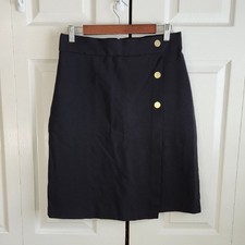 Liz Claiborne Career Black Pencil Skirt Size 8 Gold Buttons Faux Wrap Office