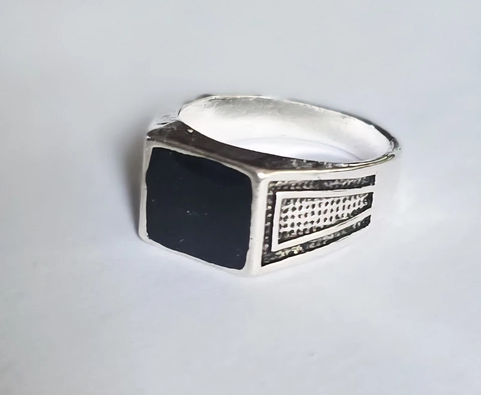 JUEGO BISEL CUADRADO NEGRO ÓNIX CALIDAD TITANIO PLATA ANILLO NUEVO TALLA 8 Foto 4 de 4