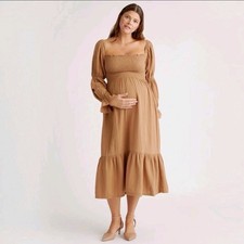 Quince Organic Cotton Gauze Maternity Smocked Ruffle Hem Midi Dress Size Large