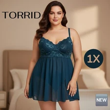 🆕 New Torrid Sexy Lingerie Teddy Babydoll Nightgown Slip Dress in Teal - 1X 