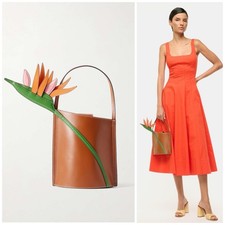STAUD Leather Bird of Paradise Plant Bucket Top Handle Bag Purse Cognac NWOT
