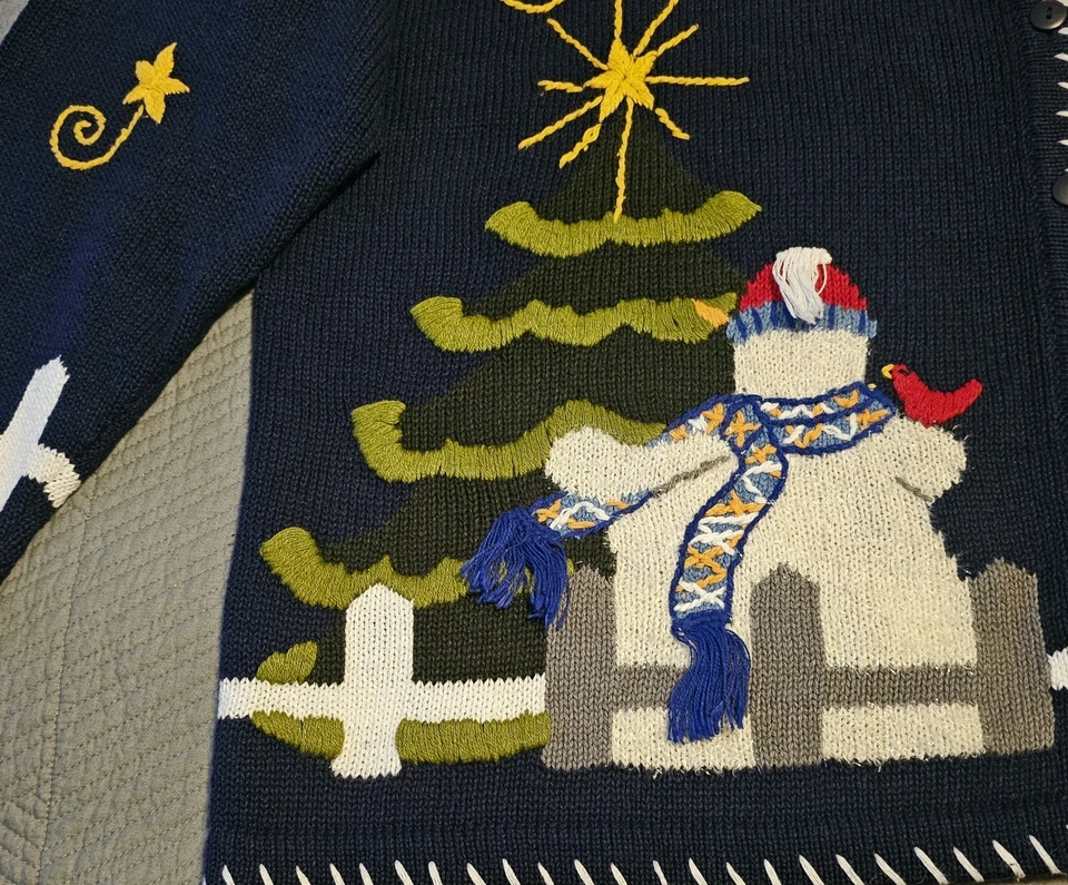 Cárdigan De Colección QUACKER FACTORY Talla 2X Muñeco de Nieve/Estrella Fugaz, Azul Foto 4 de 4