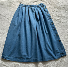 Vtg 90s LL Bean Made in USA Denim Pleated Midi Skirt Side Button 26" Waist XS