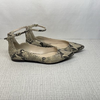 Cole Haan Snakeskin Pointed Toe Ankle Strap Flats Womens 6.5B Neutral Chic
