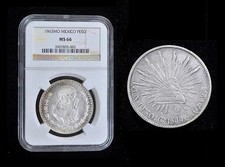 Lot of (2) Mexico silver Peso 1900 Large (38 mm) & 1963 MO NGC MS-66