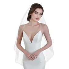 Wedding Veil Pearls and Crystals Beaded Edge 1 Tier Fingertip Length Bridal Veil