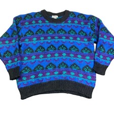Vintage 80s Gallagher Mohair Blend Sweater Large Blue Purple Geometric Retro