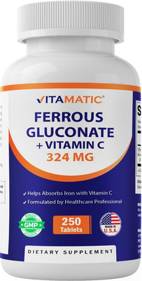 Ferrous Gluconate 324 Mg + Vitamin C 100 Mg - No Artificial Color Additives - Ge