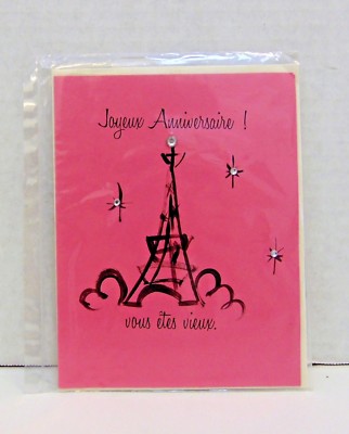 Handmade Birthday Card ''Joyex Anniversaire!'' w/Envelop Purple & Pink Eifel Touer