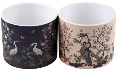 KOOPMAN Eastern Oriental Crane Peacock Bird Design Plant Pots - Navy Cream (Set of 2)