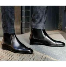 New Handmade Black Leather Formal Pull On Chelsea Dress Boots For Mens