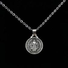 COLLAR SAN BENEDICTO 20" Cadena Santa Católica Protección Medalla Dije Tono Plata