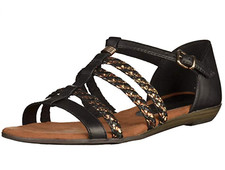 Image of Tamaris Verbena Ladies UK 4 EU 37 Black & Gold Leather Flat Ankle Strap Sandals