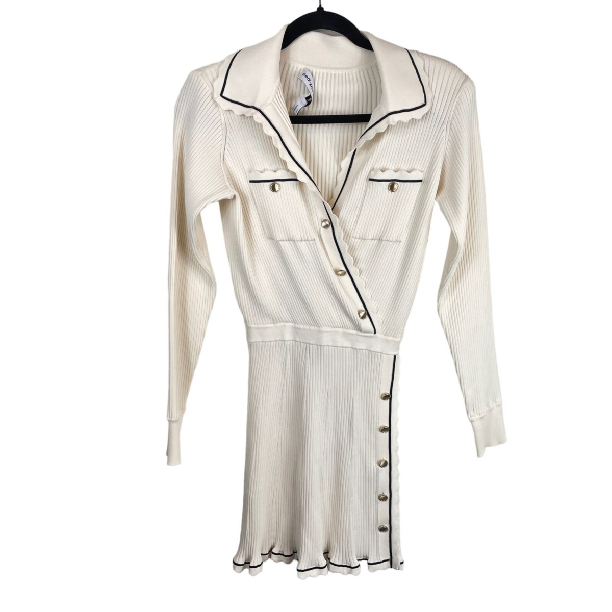 Self-Portrait Contrast Stitch Long Sleeve Ribbed Knit Mini Dress Ivory Size  M
