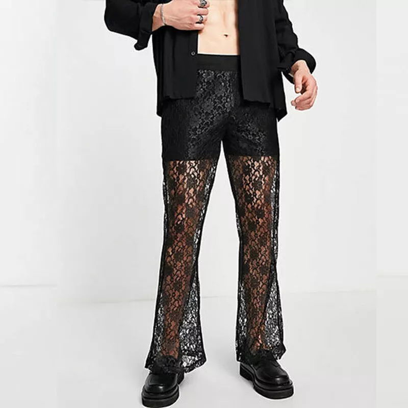 Mens Mesh See Through Floral Lace Pants Loose Elastic Waist Trousers