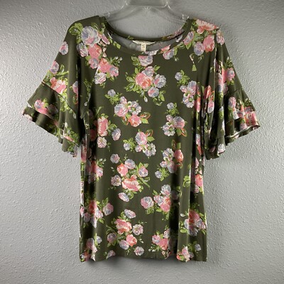NWOT Matilda Jane Let's Go Together Top Green Peach Floral Ruffle Sleeves Size S