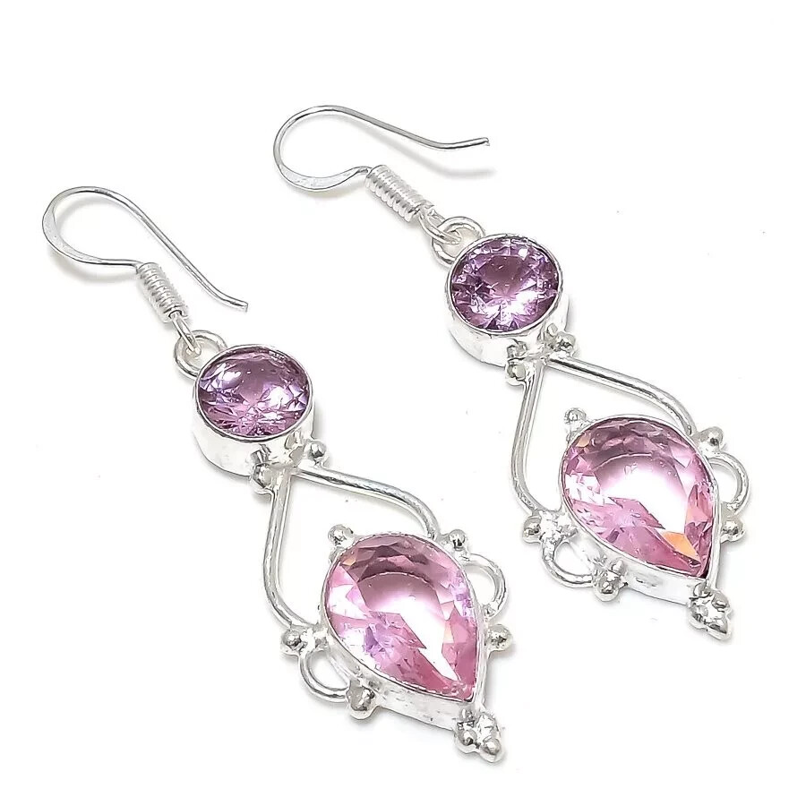 R O S A K U N Z I T piedras preciosas 925 plata de ley joyería - pendiente