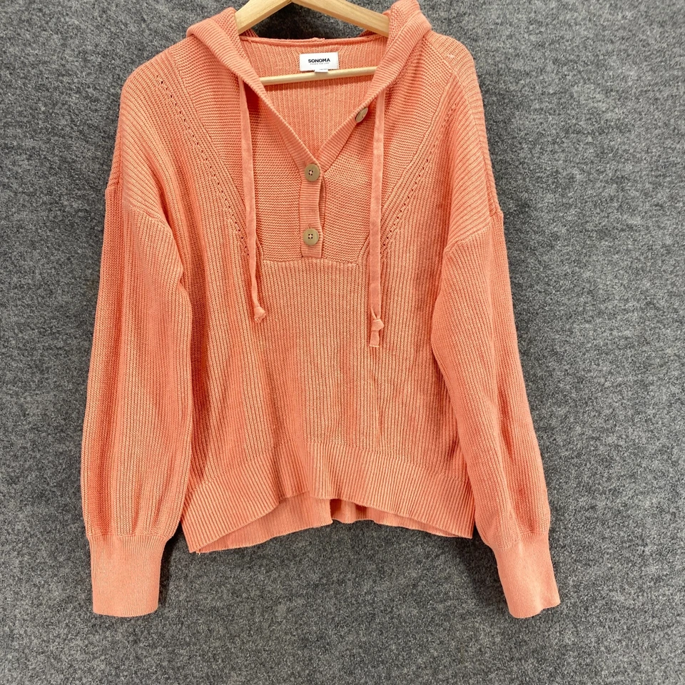 Sonoma Hoodie Women M Medium Pink Hooded V-Neck Button Long Sleeve Cotton Casual - Image 4 of 4