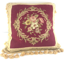 Vintage Rose Bouquet Fringed Elegant Needlepoint Pillow 17" Square