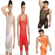 1X Men Sheer Splice Bodysuit Mesh See Through Jumpsuit Leotard Nightwear Gay New