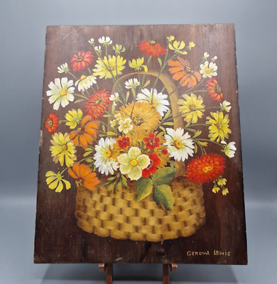 Vintage 1984 Geneva Lewis Brown Wild Flowers Oil Painting on Wood 14'' Wall Art