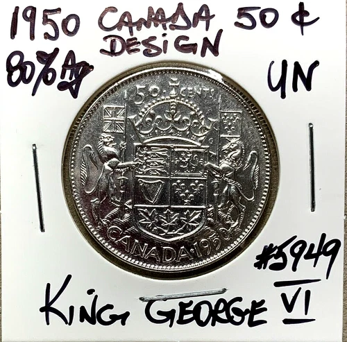 1950 Canada 50 Cents Uncirculated King George VI 80% Ag Design Variety Silver