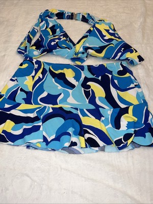 Tommy Bahama Tide Swirl 2 Pcs Bathing Suit Halter Top Ruffle Bottom Sz Small