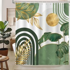 Boho Sage Green Shower Curtain Modern Abstract Gold Leaves Plant Olive Shower...