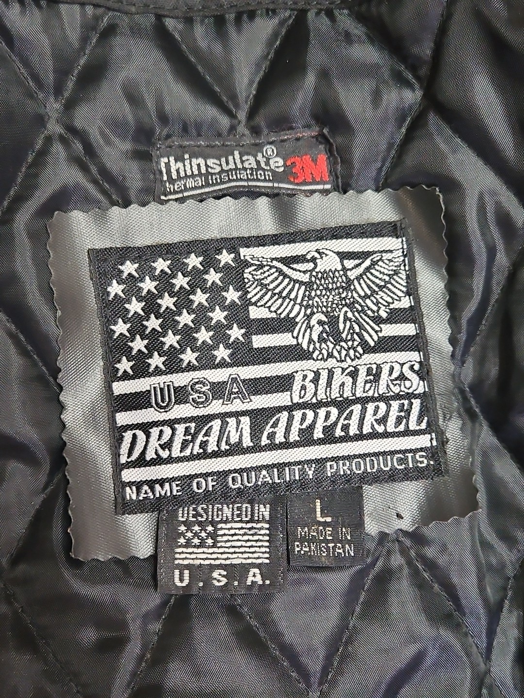 USA Bikers Dream Apparel HEAVY Black Leather Jacket Braided/Studded Zip Liner L