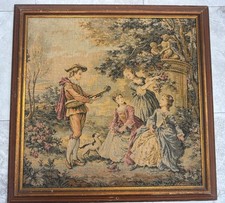 ANTIQUE VICTORIAN FRENCH TAPESTRY FRAMED 18.5x18” Music Garden Dog Dresses