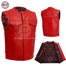 Men's Red Leather Vest Red paisley lining  Red Thread Concealed Waistcoat